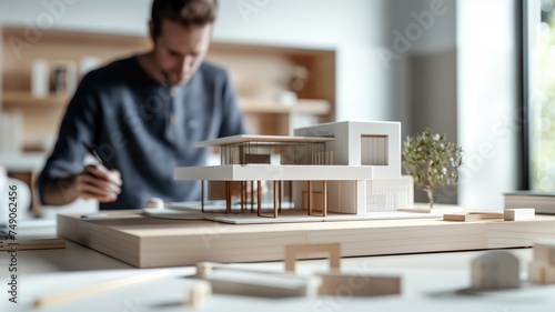 Architect examining a detailed model of a modern building