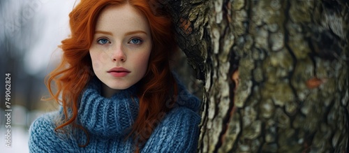 A woman with red hair and blue knitwear stands confidently leaning against a tall birch tree. She gazes haughtily at the camera, arms folded, exuding self-assurance and poise. photo