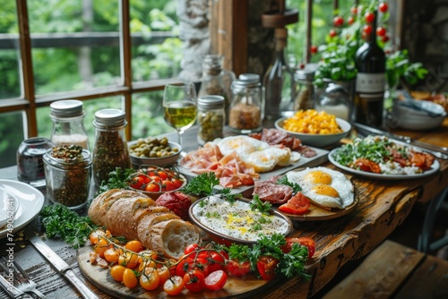 A sumptuous brunch display on a rustic wooden table  featuring a variety of dishes from eggs to cold cuts in a homely setting