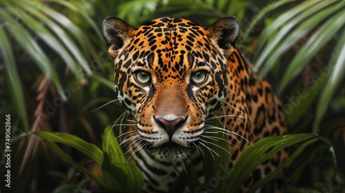 A closeup shot of a majestic jaguar its eyes fixed on a group of inquisitive hikers as it prowls through the dense undergrowth. This elusive creature embodies the thrill of