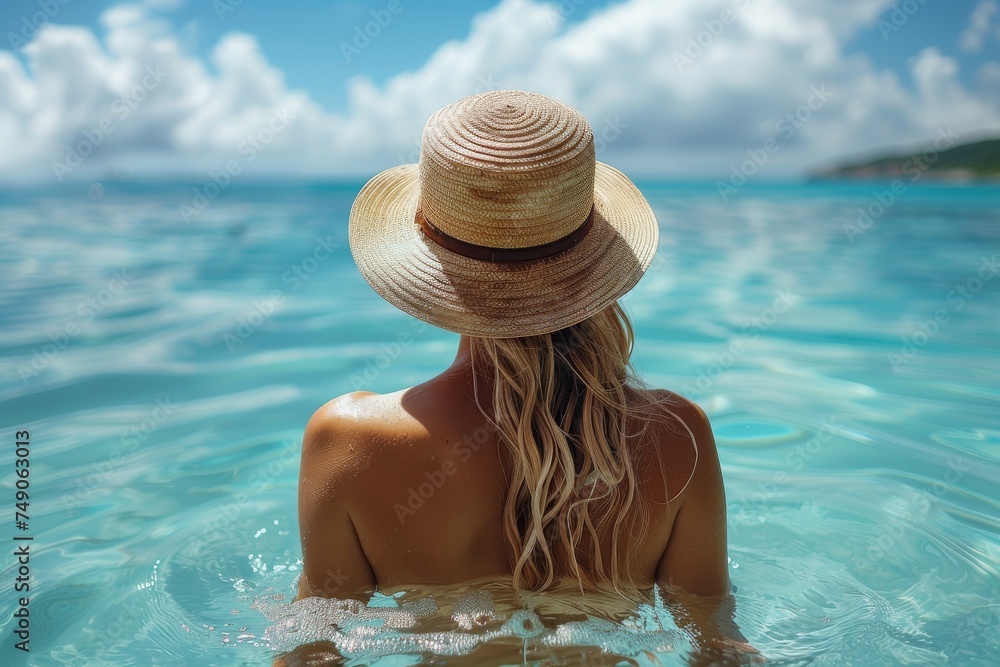 A woman in a straw hat gazes upon the crystal-clear ocean waters from a coastal vantage point