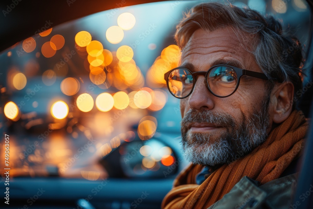 Mature man in car with nighttime city lights bokeh Mature man in car with nighttime city lights bokeh