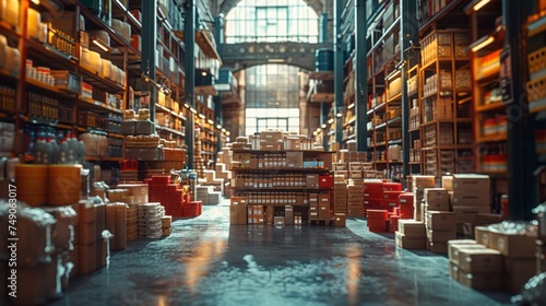 A warehouse with neatly organized boxes and packages, highlighted by warm lighting, suggesting a theme of logistics, shipping, or commerce.