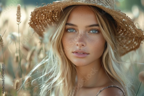 Gorgeous blonde in a sunhat amid golden wheat field