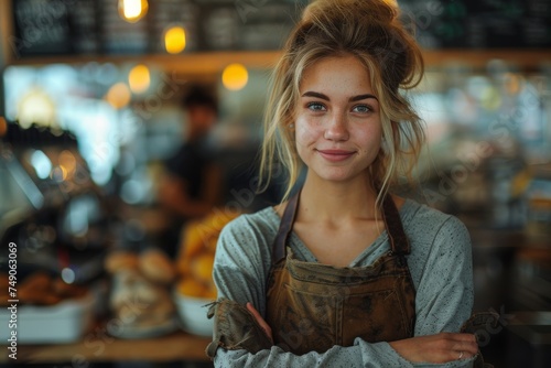 Smiling young female barista standing in modern coffee shop