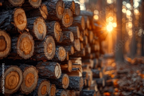 Close-up of neatly stacked lumber in a forest  sunlight peeking through trees  highlighting the natural resource