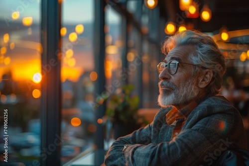 A pensive elderly man gazes out a window as a warm sunset bathes the scene in a golden hue, evoking reflection and the passage of time