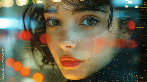 Bokeh Effect of Cityscape on Glass with Beautiful Womans Face