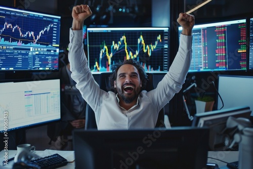 Happy day trader winning big on the stock market