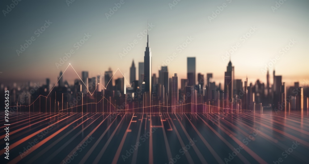  Cityscape at sunrise, with abstract digital lines overlaying the skyline