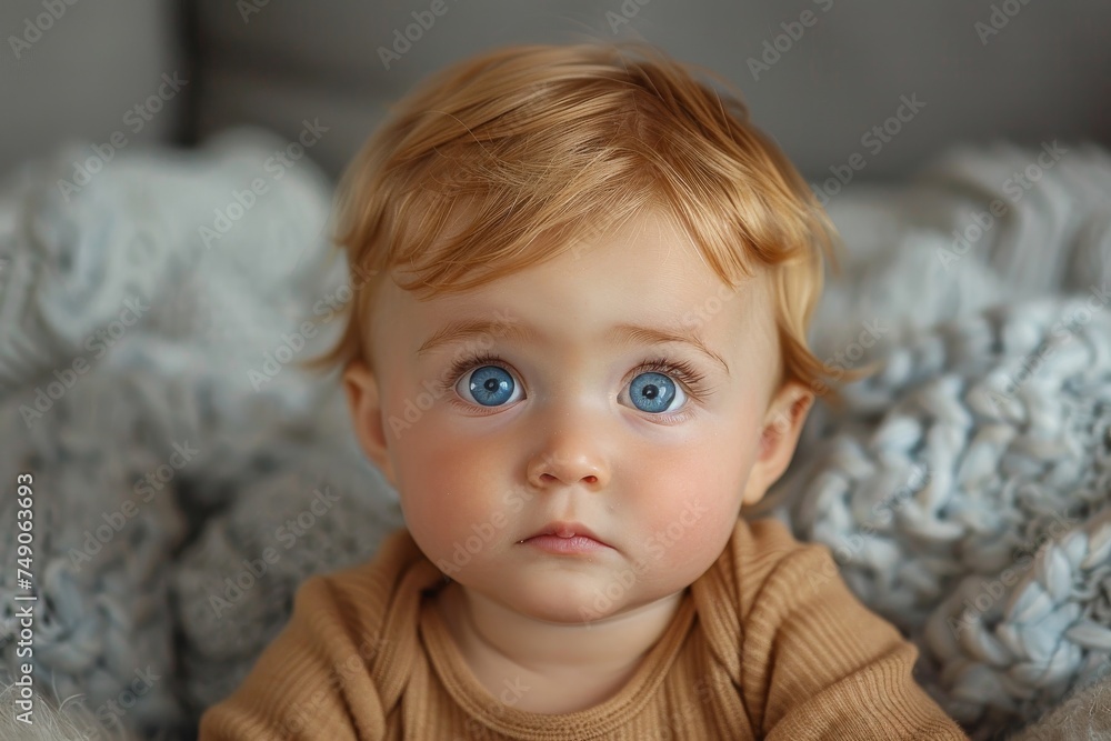 Adorable baby with curious blue eyes and blonde hair, snug and thoughtful