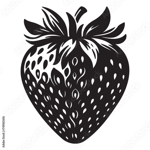 Strawberry black silhouette. Vector illustration of a summer strawberry on a transparent background. Black template for stencil, print, engraving, sticker, emblem..