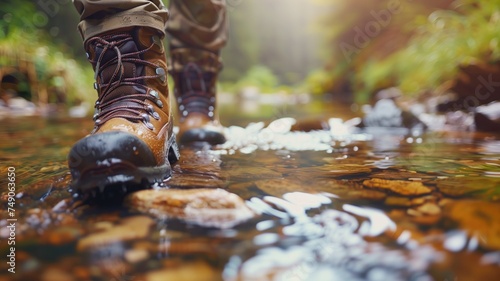 Hiking boots wading through a shallow stream outdoors