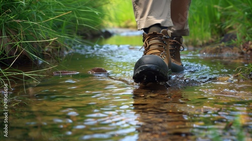 Hiker’s feet trek through a refreshing mountain stream, embodying the spirit of outdoor exploration and adventure