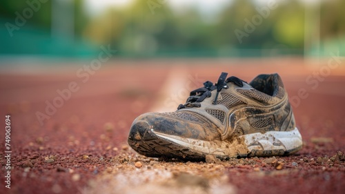 Worn-out running shoe on a red running track