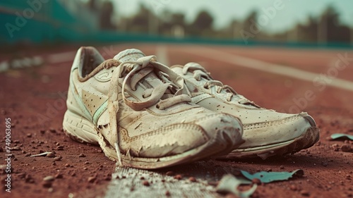 Worn running shoes on a red athletic track, symbolizing endurance © Татьяна Макарова