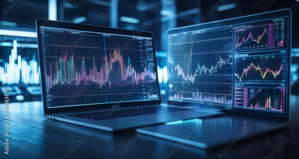 Advanced technology - Two laptops with financial charts on a desk Advanced technology - Two laptops with financial charts on a desk