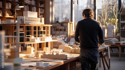 Architect reviewing architectural models in a well-lit studio