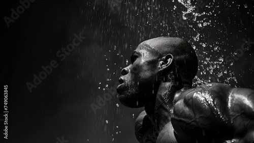 A powerful black and white portrayal of an athlete's face, capturing the raw emotion and intensity as rain cascades over them