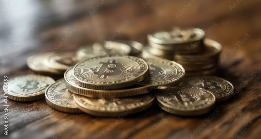 Bitcoin coins on wooden surface, symbolizing cryptocurrency and blockchain technology Bitcoin coins on wooden surface, symbolizing cryptocurrency and blockchain technology