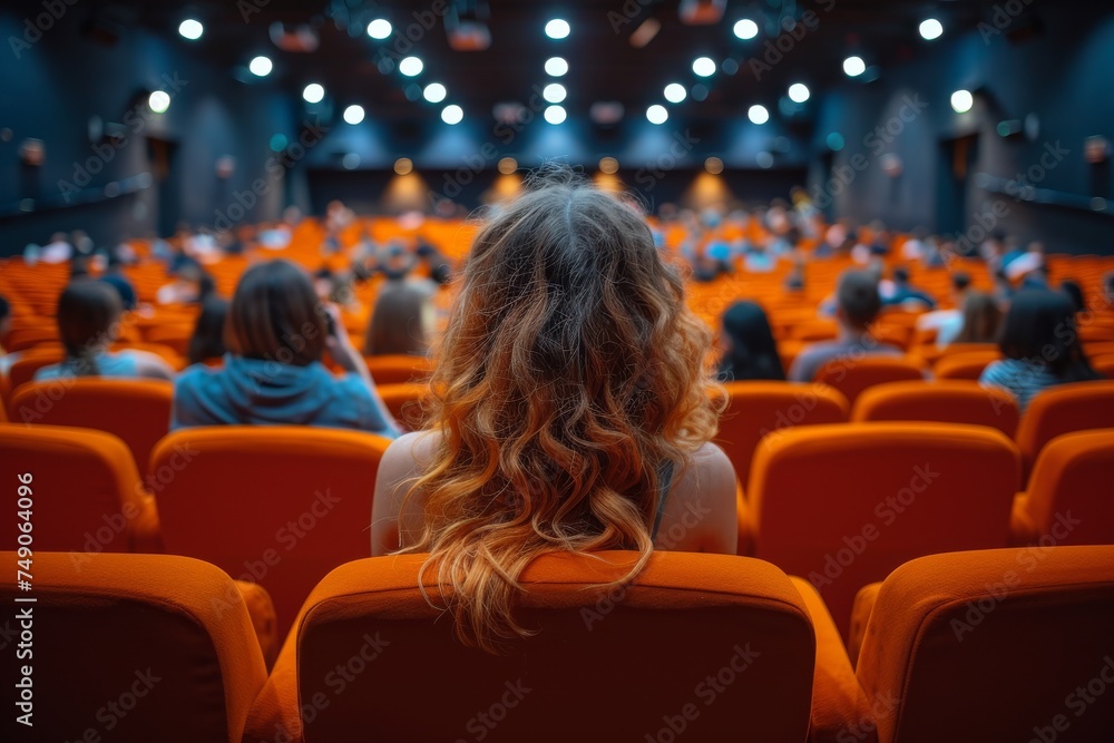 Woman with curly hair sitting in red theatre seats, facing a stage with blurred audience foreground Woman with curly hair sitting in red theatre seats, facing a stage with blurred audience foreground
