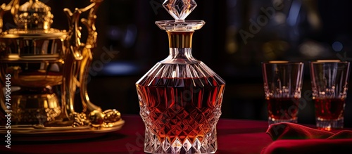 A bottle of glamorous red liqueur sits atop a table, its enticing contents beckoning. The rich color of the liquor contrasts with the tables surface, creating a captivating scene.