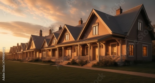  Charming wooden houses at sunset, evoking a cozy, rural atmosphere