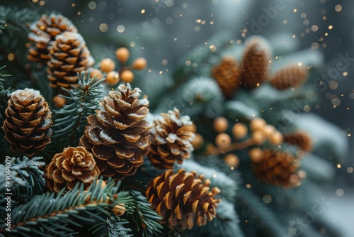 Wintry scene with pine cones covered in frost amidst festive holiday lights and snowfall