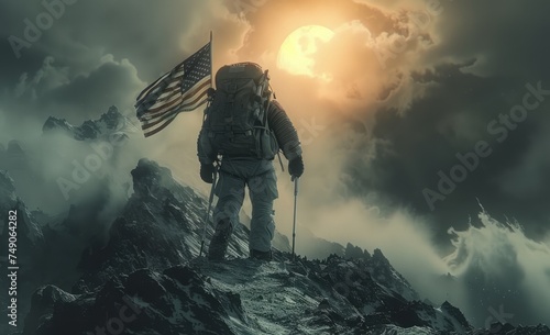 An astronaut with an American flag stands atop a mountain under a moonlit sky  evoking feelings of pride and the spirit of exploration  suitable for patriotic events.