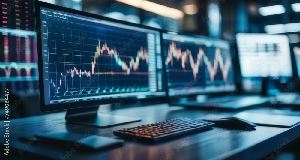 Advanced trading station with multiple monitors and data analysis tools Advanced trading station with multiple monitors and data analysis tools