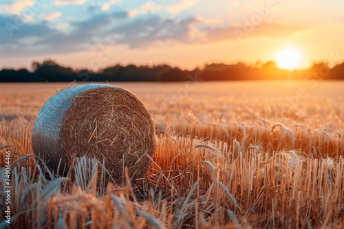 A golden sunset casting a warm glow over a single hay bale in a harvested field, suggestive of endings