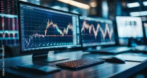  Advanced trading station with multiple monitors and data analysis tools