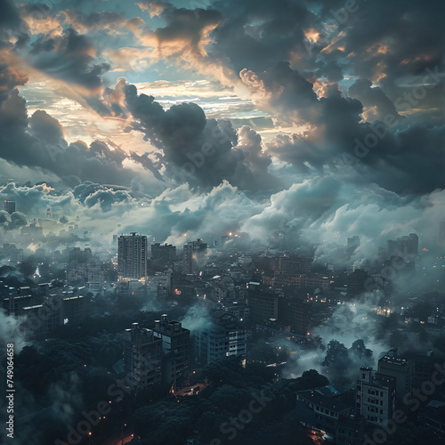 Cityscape Enveloped in Clouds and Mist