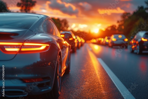 Striking image of a luxury car on the road with the sun setting in the background, creating a captivating scene © svastix