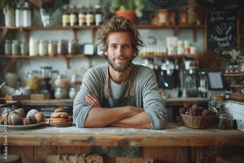 A cheerful man with curly hair smiles while leaning on a wooden café counter surrounded by baked goods and plants