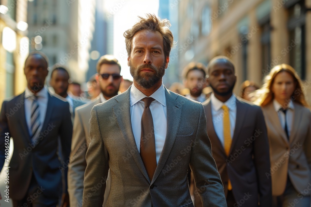 A business leader confidently walks ahead of a diverse and focused group of professionals in a dynamic city environment A business leader confidently walks ahead of a diverse and focused group of professionals in a dynamic city environment
