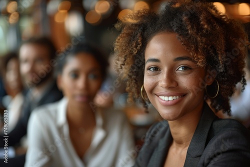 A radiant businesswoman with curly hair confidently smiling, with colleagues in soft focus in the background