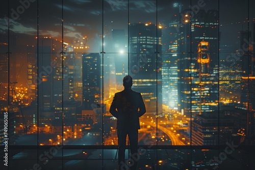 A contemplative man silhouetted against a city night scene from a high-rise window