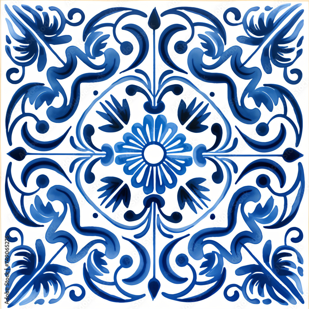Ethnic folk ceramic tile in talavera style with navy blue floral ornament. Italian seamless pattern, traditional Portuguese and Spain decor. Mediterranean porcelain pottery on white background Ethnic folk ceramic tile in talavera style with navy blue floral ornament. Italian seamless pattern, traditional Portuguese and Spain decor. Mediterranean porcelain pottery on white background