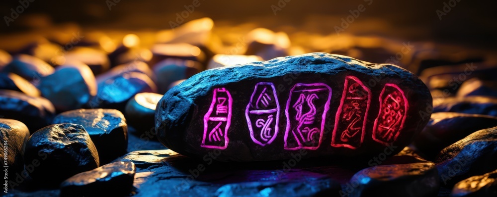 Close up of a Viking rune stone glowing runes in neon colors minimalist design casting runes in a new light