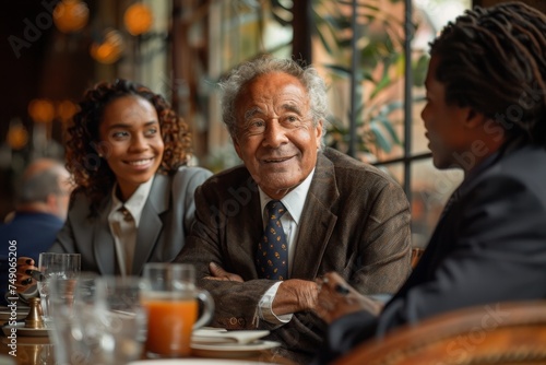 Elderly gentleman engaged in a lively conversation over a meal in an elegant restaurant setting