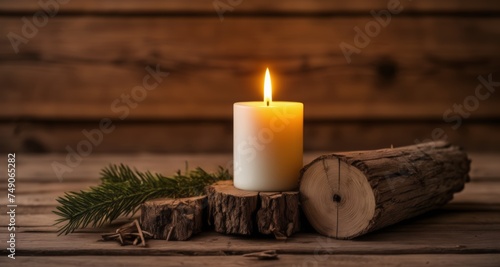  Cozy ambiance with a flickering candle and rustic logs