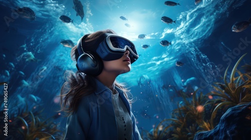 Conservation awareness nature protection future a VR game teaching kids about ocean conservation eco friendly style minimalist with eco themed VR interface and marine animals