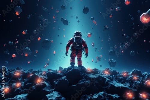 Escape freedom depth release vastness an astronaut escaping into the deep blue adventure style minimalist with neon path markers photo