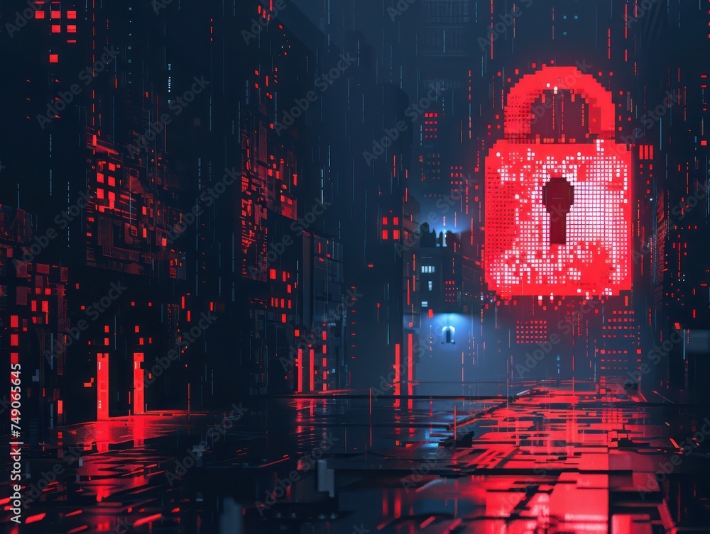 Naklejka premium Medium shot of a digital lock interface glitching pixel art style minimalist depicting a cyber attack in progress