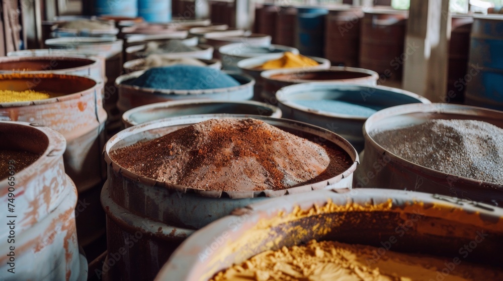 A detailed view of large drums filled with dried groundup mineral ores ready to be processed into pigments highlighting the dependence on various raw materials in the pigment A detailed view of large drums filled with dried groundup mineral ores ready to be processed into pigments highlighting the dependence on various raw materials in the pigment