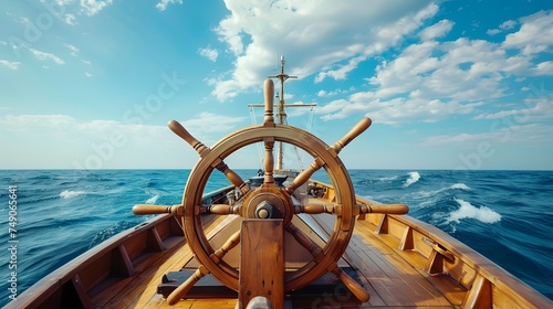 ship wheel on boat with sea and sky. freedom and adventure. direction concept 