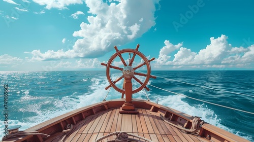 ship wheel on boat with sea and sky. freedom and adventure. direction concept
 photo