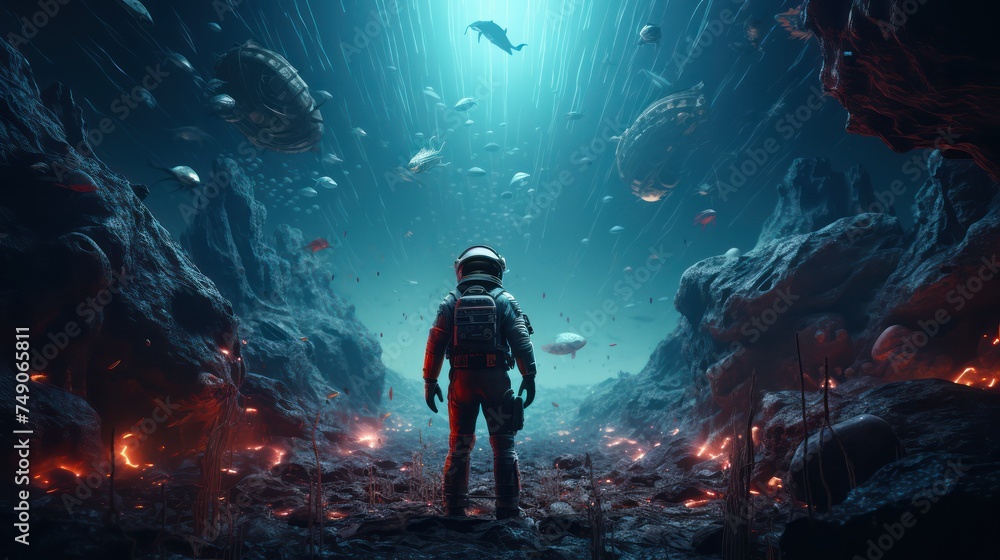 Medium shot of a stylized astronaut in the deep sea surrounded by bioluminescent creatures showcasing a minimalist approach to the theme of alien and familiar life forms merging Medium shot of a stylized astronaut in the deep sea surrounded by bioluminescent creatures showcasing a minimalist approach to the theme of alien and familiar life forms merging