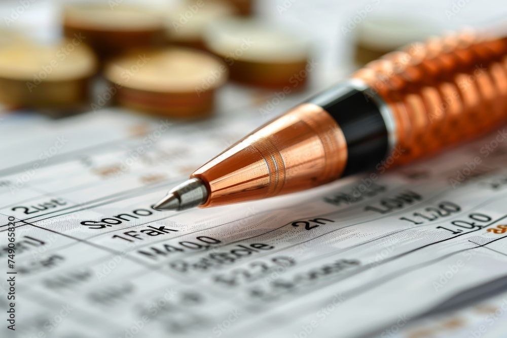 Close-up image of a luxury pen on a sheet of paper with financial data and bar graphs, analyzing business performance Close-up image of a luxury pen on a sheet of paper with financial data and bar graphs, analyzing business performance
